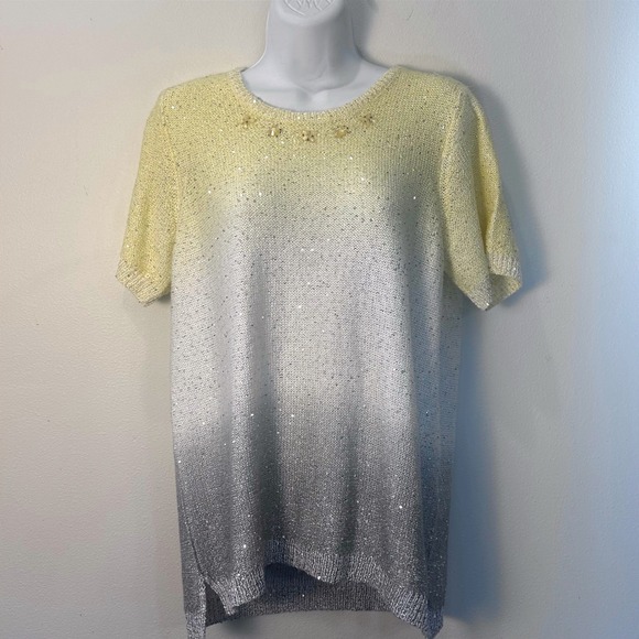 Alfred Dunner Sweaters - Alfred Dunner Women Sz S Ombre Sequin Beaded Knit Top Short Sleeve Yellow Silver
